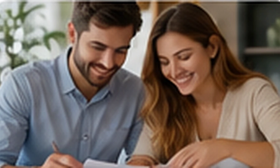 Pareja adulta revisando documentos de forma tranquila